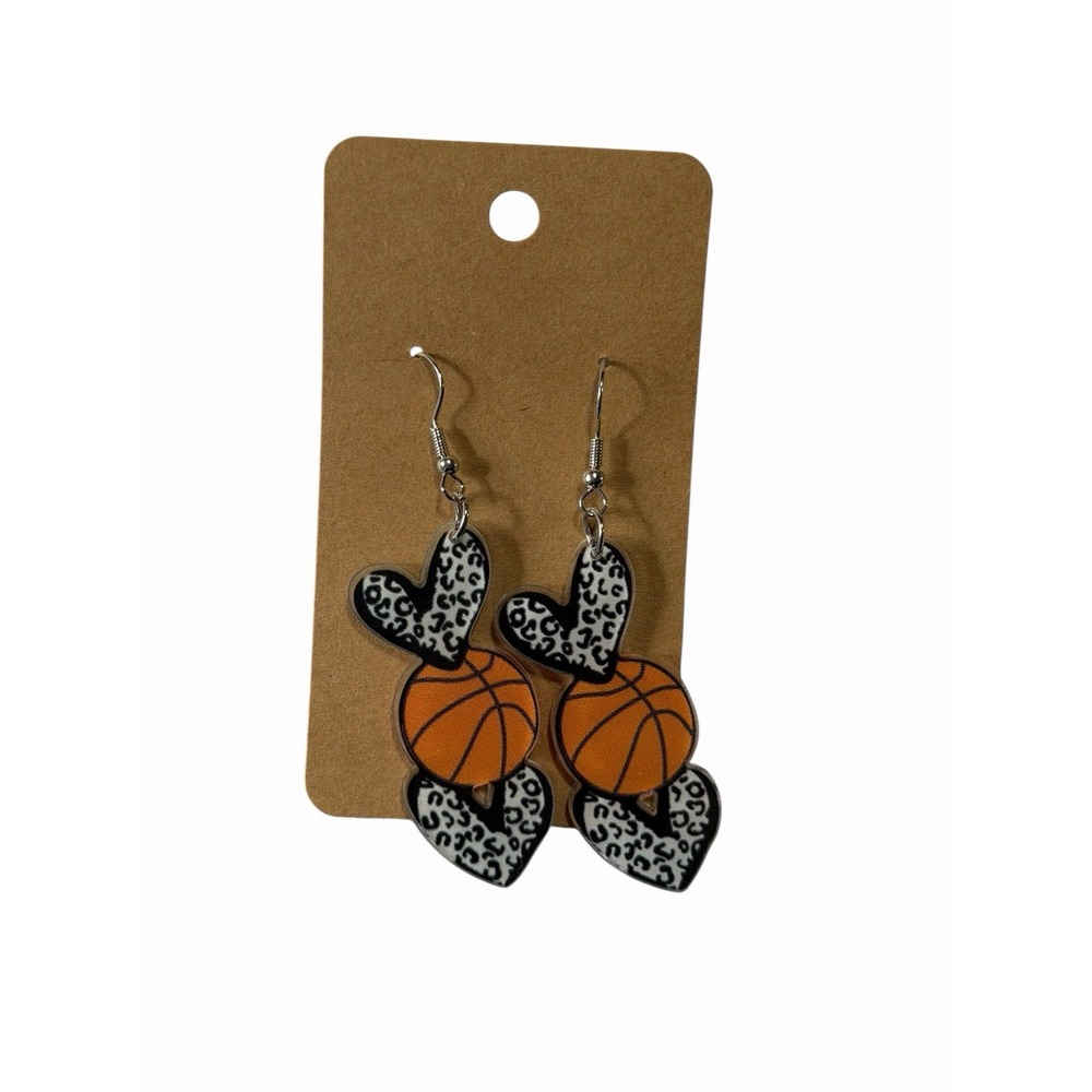 Basketball Heart Earrings Leopard Print Acrylic Sporty Dangle Drop Orange